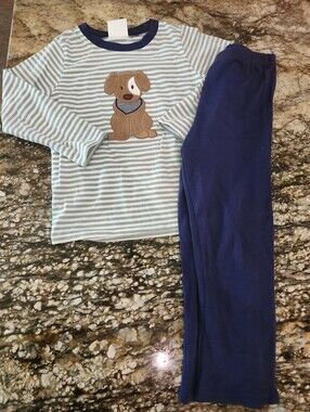 Children's Striped Dog Set - Navy Pants, Light Blue Stripes